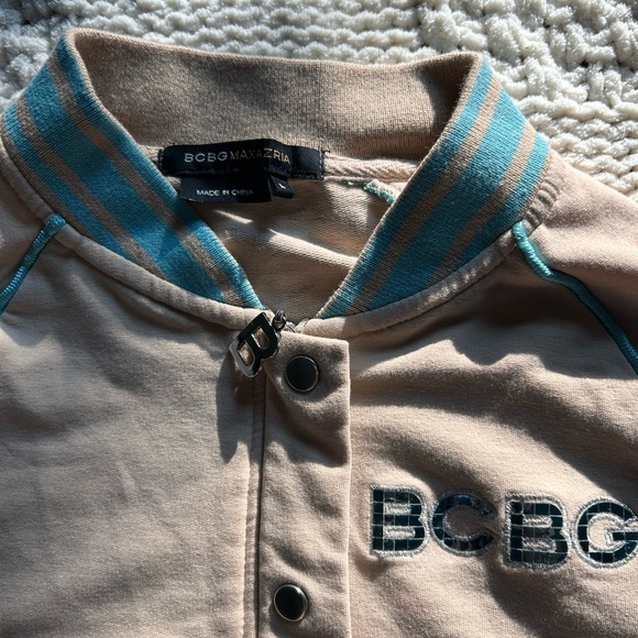 BCBCMaxAzria Tan Blue Varsity Zip Button Jacket - Picture 5 of 6
